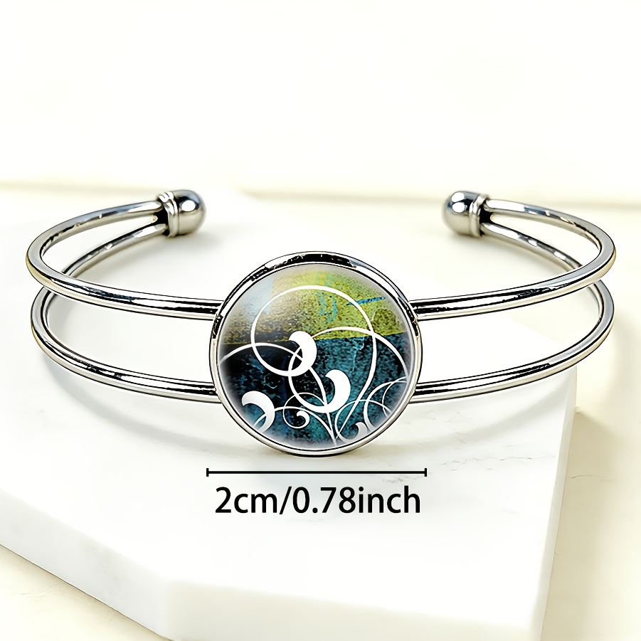 Adjustable Open Bangle with Abstract White Lines Design